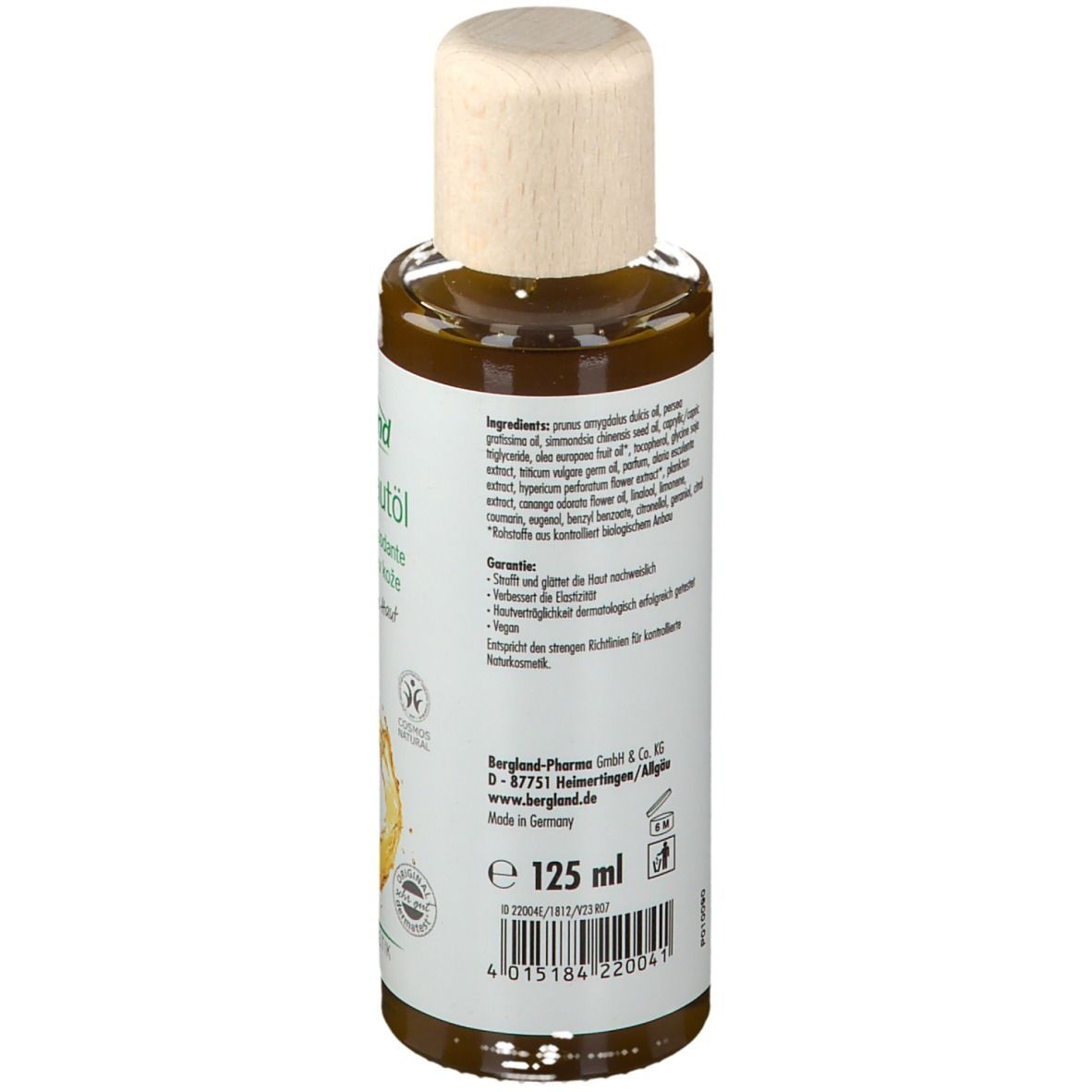 Braune Glasflasche mit Holzverschluss. Etikett mit Produktinformationen und Inhaltsstoffen. 125 ml.