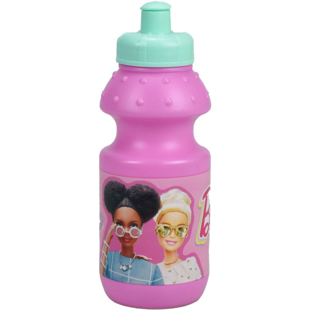 Pinkfarbene Kunststoff-Sportflasche mit mintfarbenem Deckel. Abbildung von zwei Frauen mit Sonnenbrillen. Aufschrift Barbie.