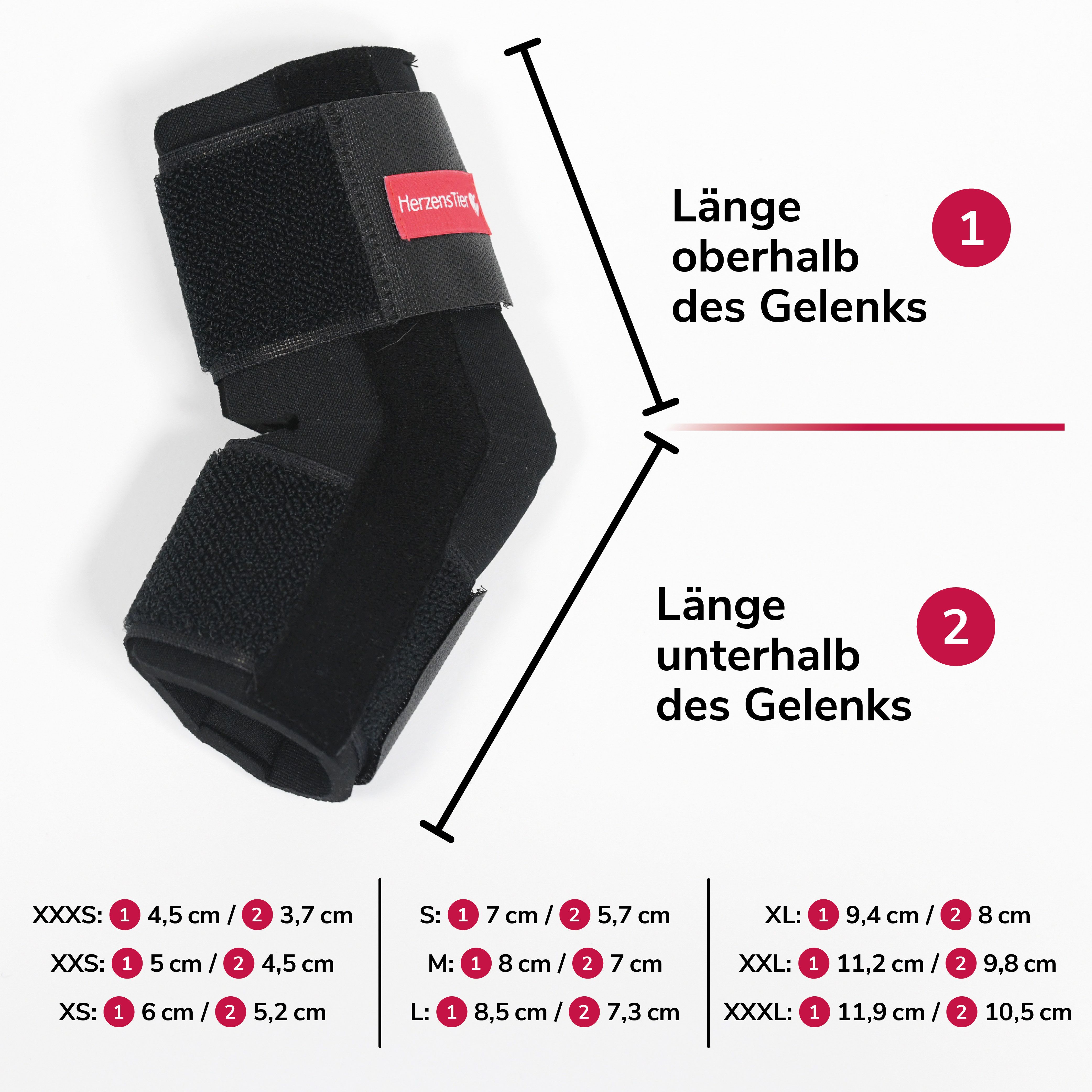 Schwarze Sprunggelenkbandage aus Neopren. Maße: Länge oberhalb und unterhalb des Gelenks. Größenangaben in cm.