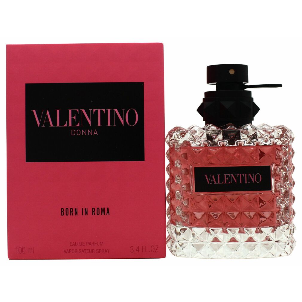 Valentino Donna Born In Roma Edp Spray. Rosa Flakon mit schwarzem Deckel und rosa Verpackung. Text: Valentino, Born in Roma.