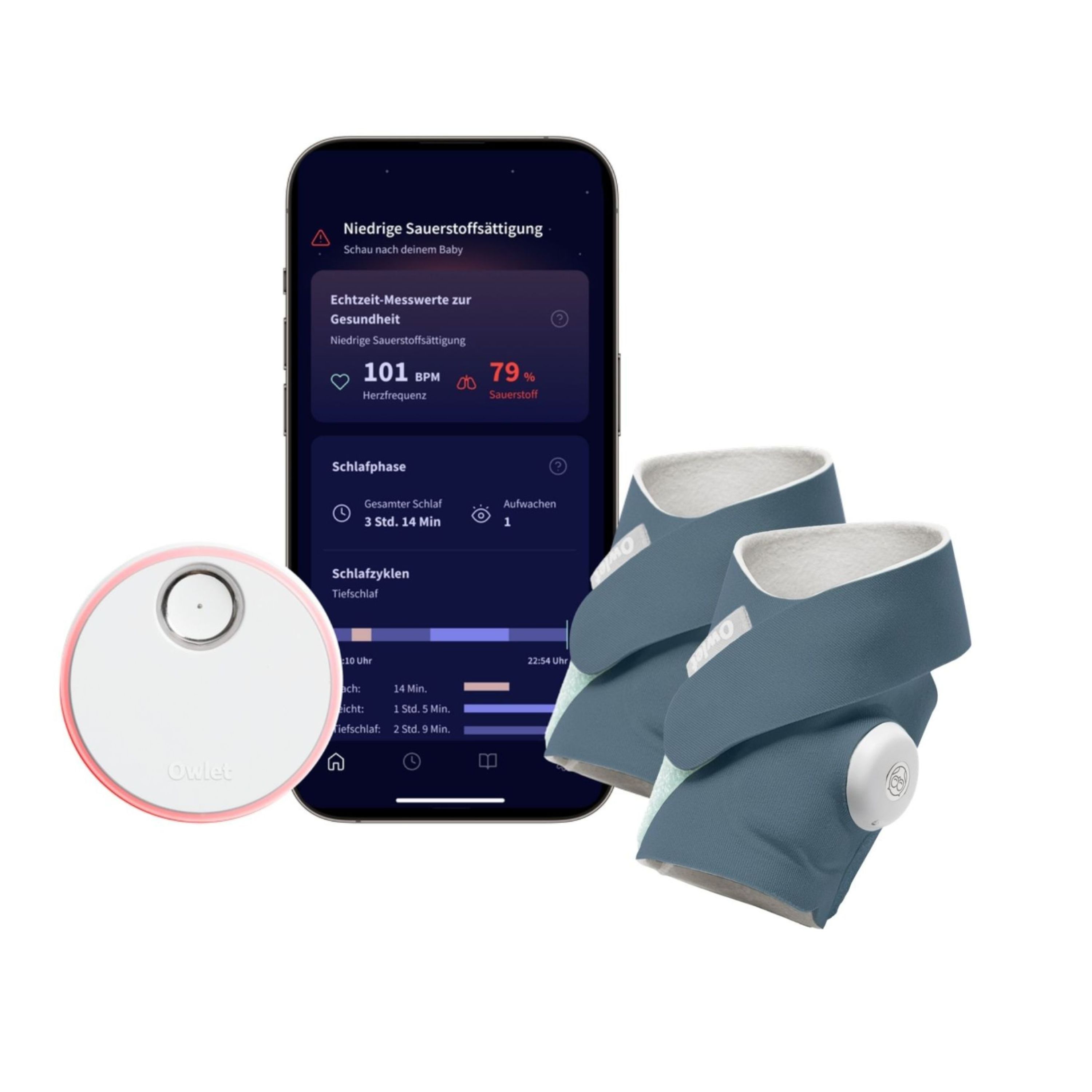 Owlet Dream Sock® mit Ersatzsocke, Sensor und Smartphone-App, die Vitaldaten anzeigt.