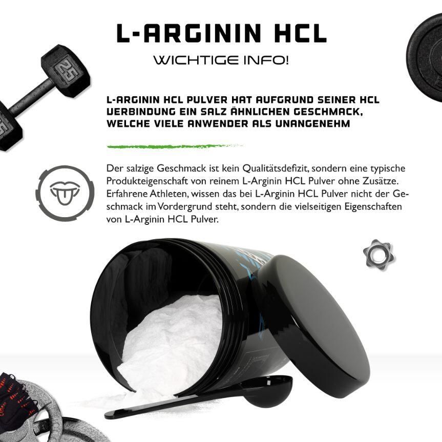 Schwarze Dose mit weißem Pulver und Messlöffel. Text: L-Arginin HCL. Offener Deckel.