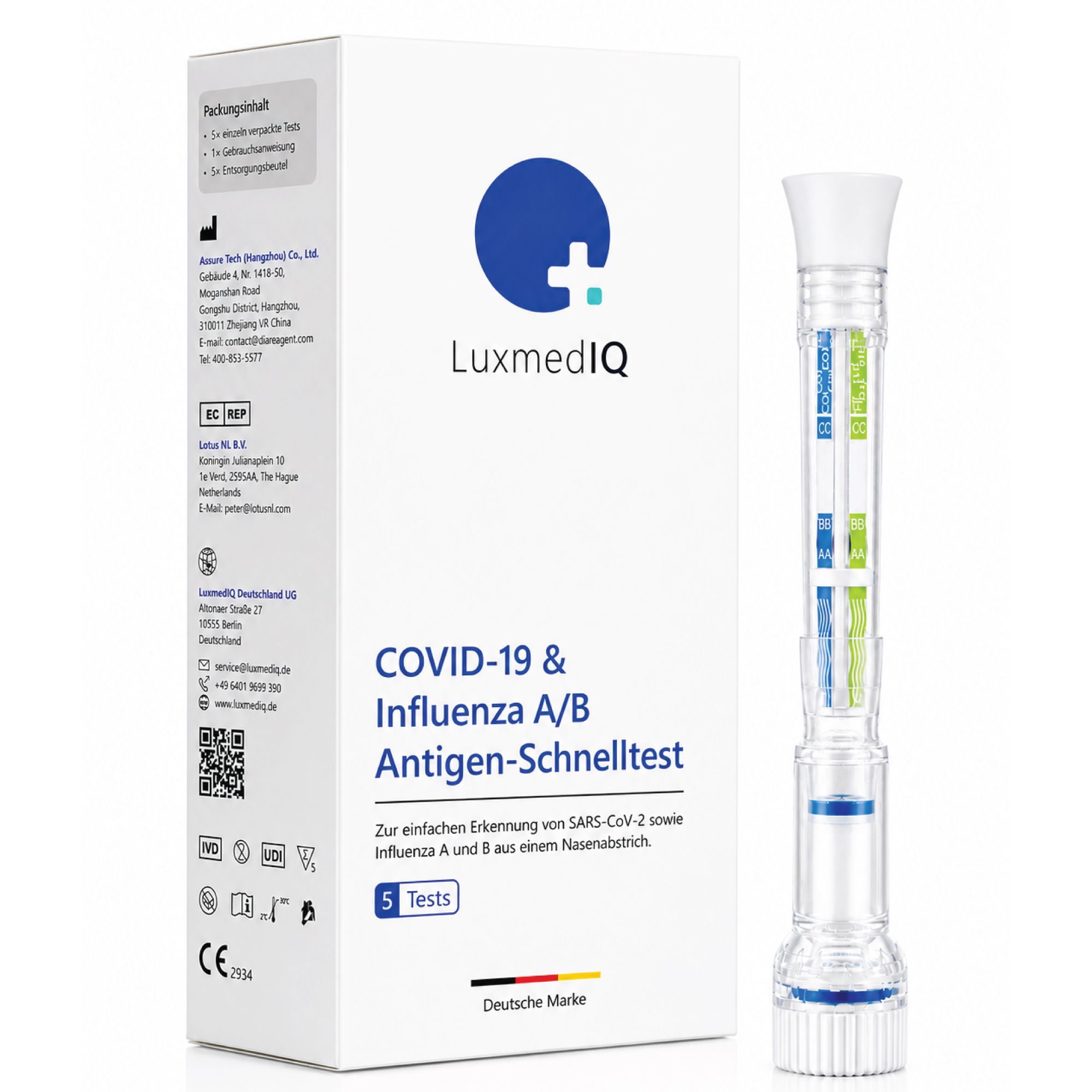 Weiße Schachtel mit Produktlogo und Text. Daneben ein Teststab. Aufschrift: COVID-19 & Influenza A/B Antigen-Schnelltest.