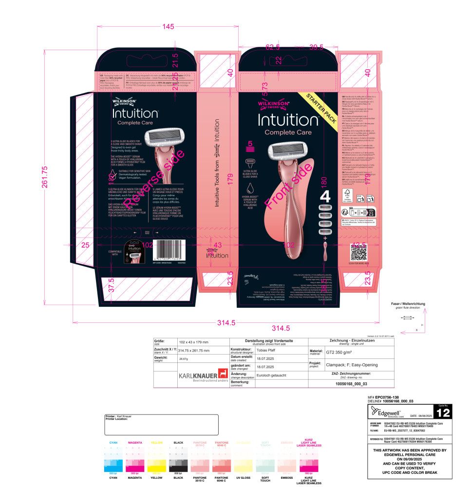 Technische Zeichnung einer Wilkinson Sword Intuition Complete Care Rasierer-Verpackung mit Maßen und Druckinformationen.