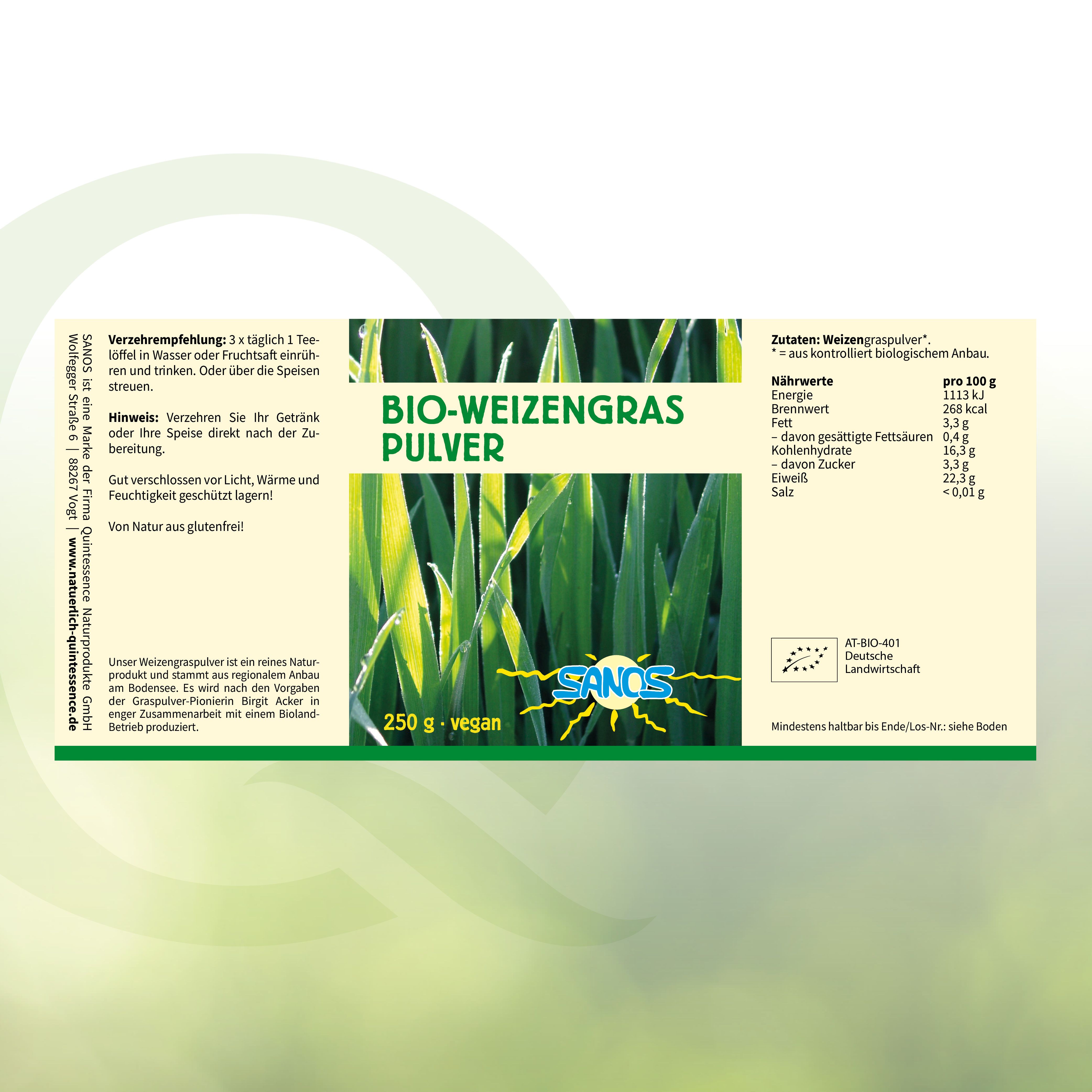 Rechteckige Verpackung mit "BIO-Weizengras Pulver", 250g, vegan. Grün-gelbes Gras-Motiv. Bio-Siegel. Text mit Nährwertangaben.