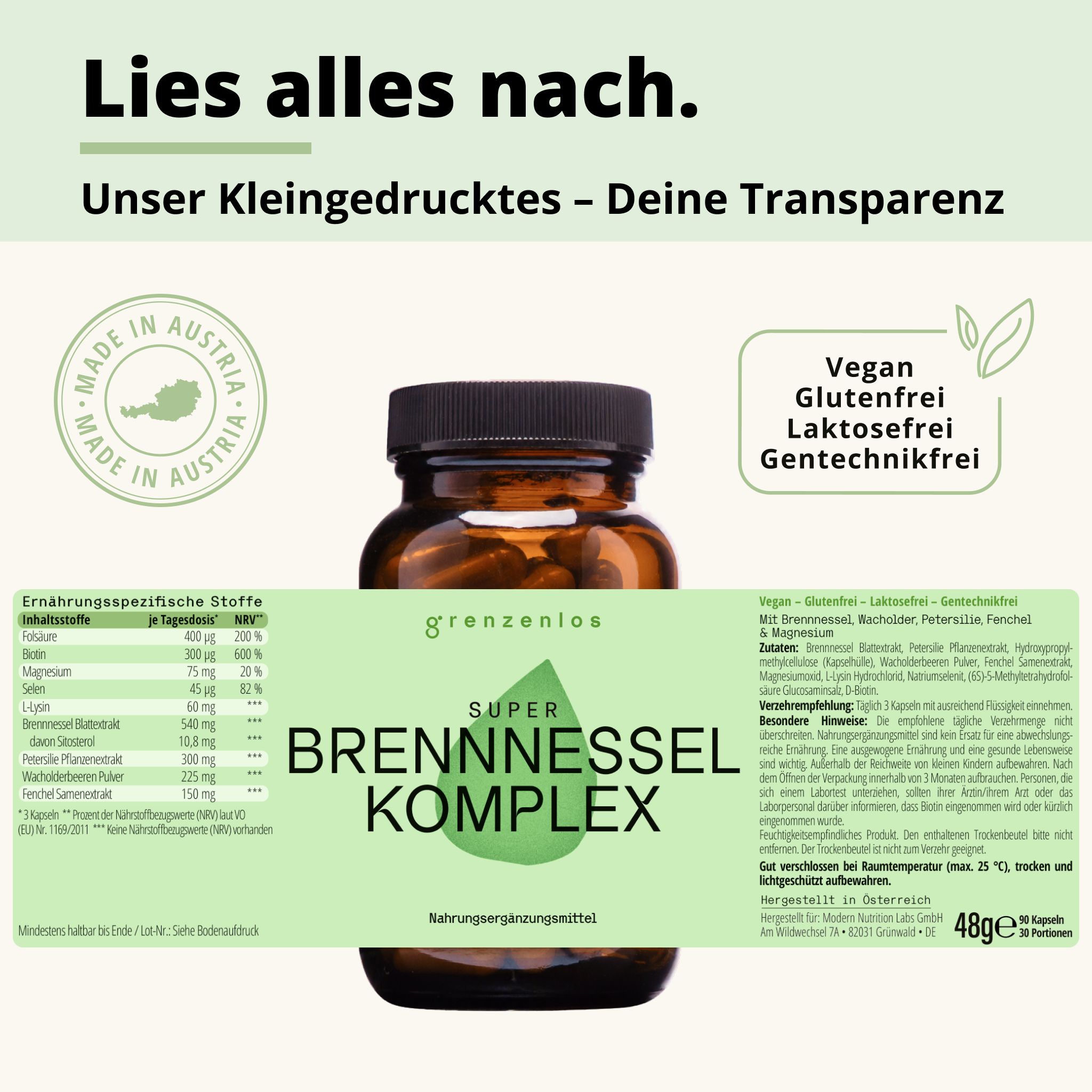 Braune Glasflasche mit grünem Etikett: "grenzenlos SUPER BRENNNESSEL KOMPLEX". Made in Austria Siegel.