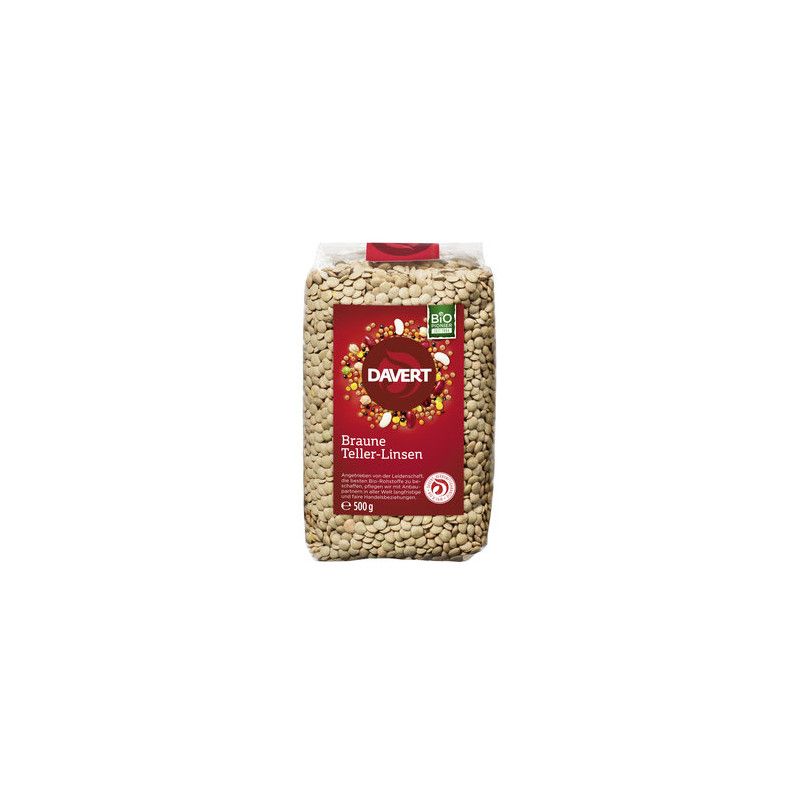 Verpackung mit braunen Teller-Linsen. Rotes Etikett mit Davert-Logo und Bio-Siegel. Transparente Verpackung.