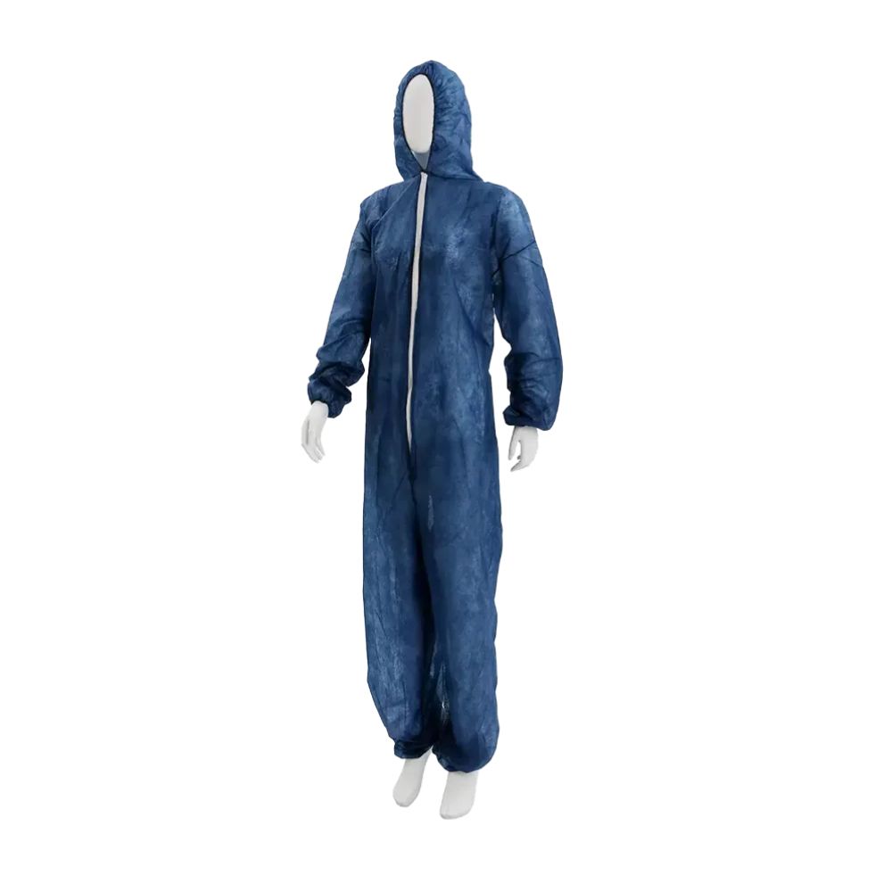 Dunkelblauer Overall mit Kapuze und Reißverschluss. Auf einer Schaufensterpuppe präsentiert.