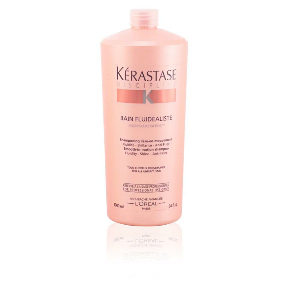 Rosa Shampoo-Flasche mit weißer Schrift. Kérastase Discipline Bain Fluidealiste. 1000 ml. Für alle Haartypen.