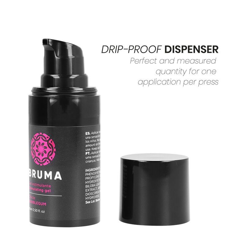 Schwarze Flasche mit rosa Muster und Pumpe. Daneben liegt eine schwarze Kappe.