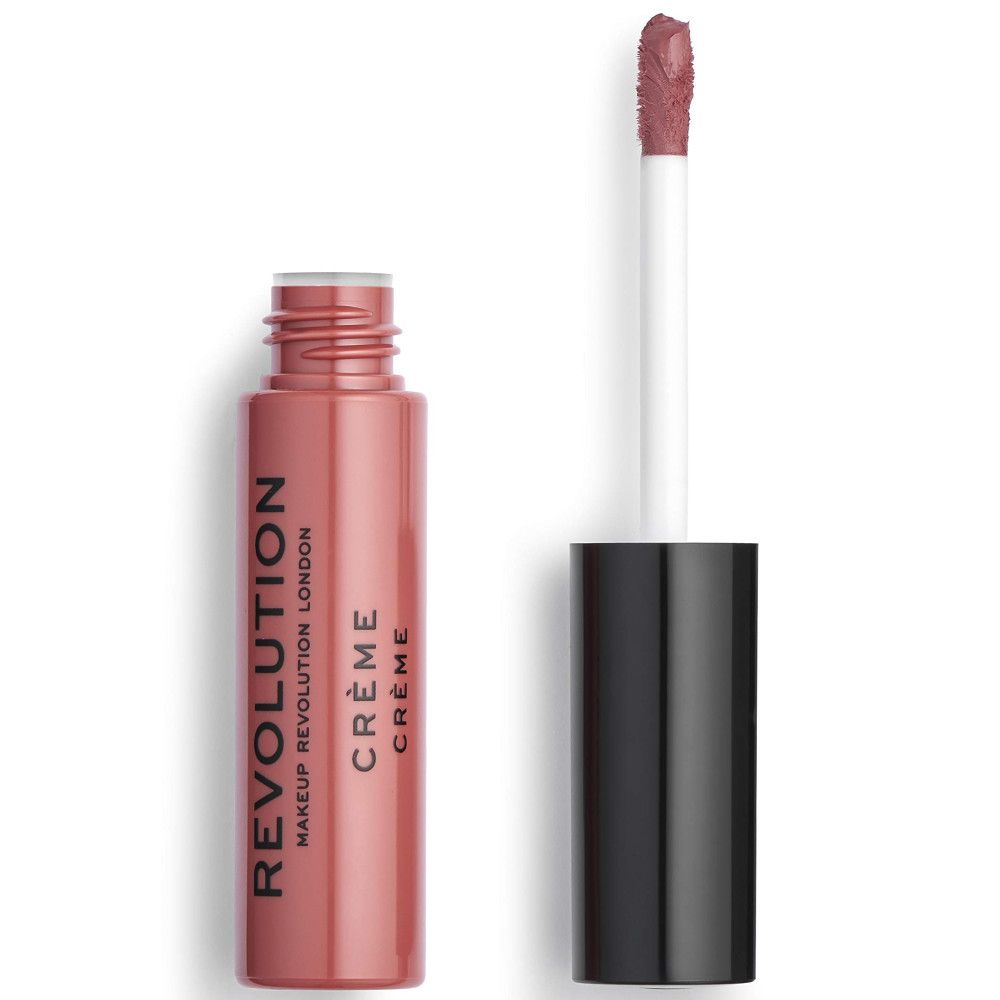 Geöffnete Lippenstift-Tube, rosa, mit Applikator. Aufschrift: REVOLUTION LONDON, CRÈME.