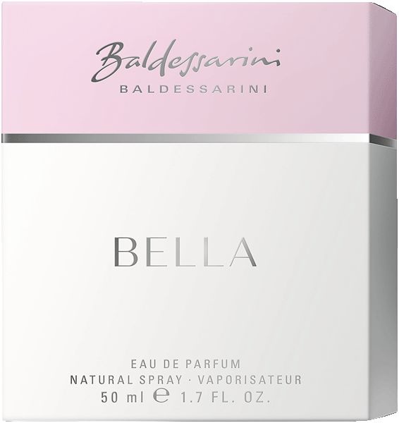 Baldessarini Bella-Verpackung. Weiß mit rosa Deckel. Schriftzug Bella und Markenname.