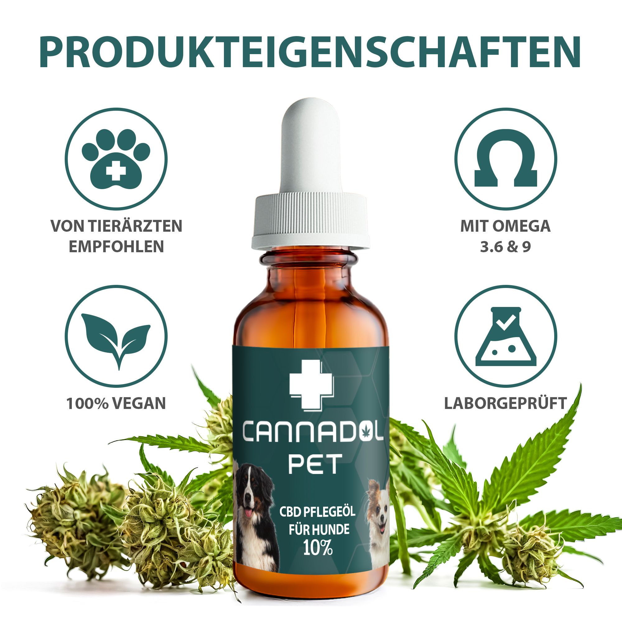 Braune Glasflasche mit Tropfer, umgeben von Blättern. Text: Cannadol Pet, CBD Pflegeöl für Hunde 10%, Von Tierärzten empfohlen, 100% Vegan, Laborgeprüft.