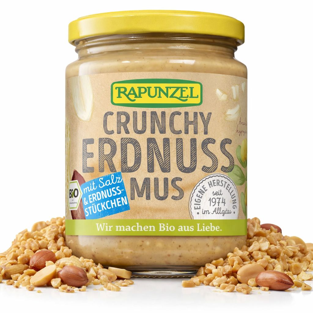 Rapunzel Erdnussmus Crunchy mit Salz und Erdnussstückchen im Glas. Bio-Produkt.