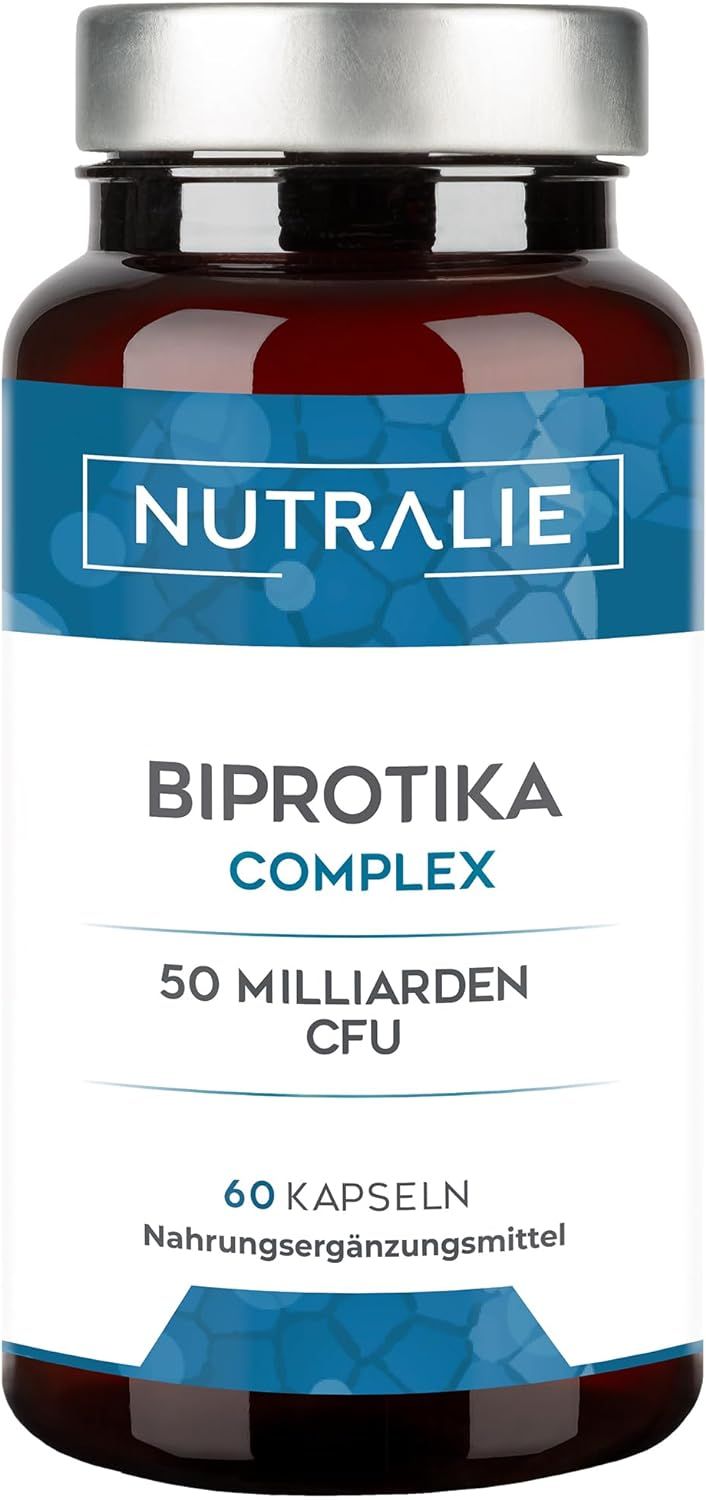Braune Flasche mit silbernem Deckel. Etikett mit "Nutralie", "Biprotika Complex", "50 Milliarden CFU" und "60 Kapseln".