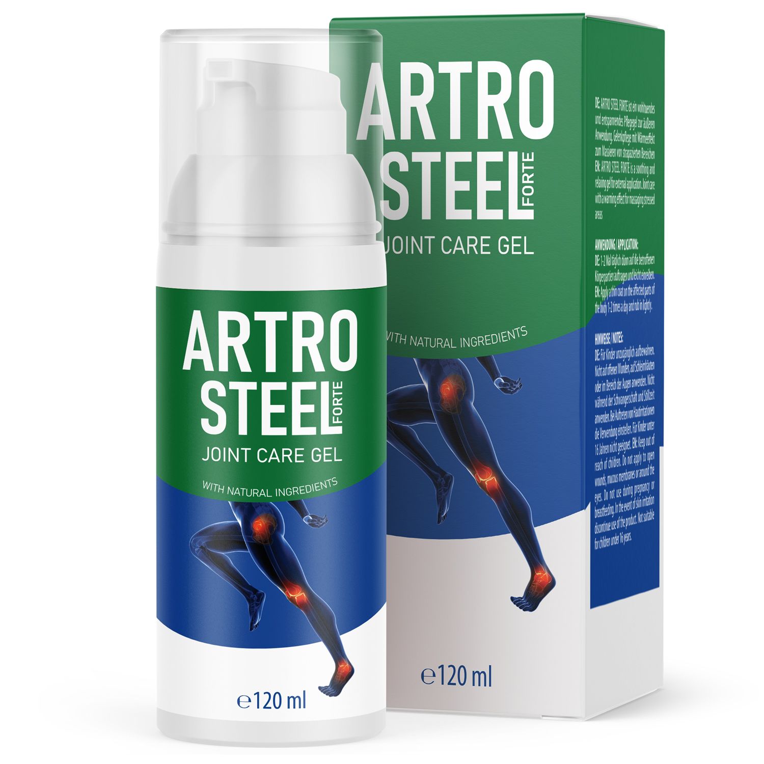 Artro Steel Forte Gel, Flasche und Verpackung. Grüne Verpackung, weißer Flasche. Text: Joint Care Gel, 120 ml. Mit natürlichen Inhaltsstoffen.