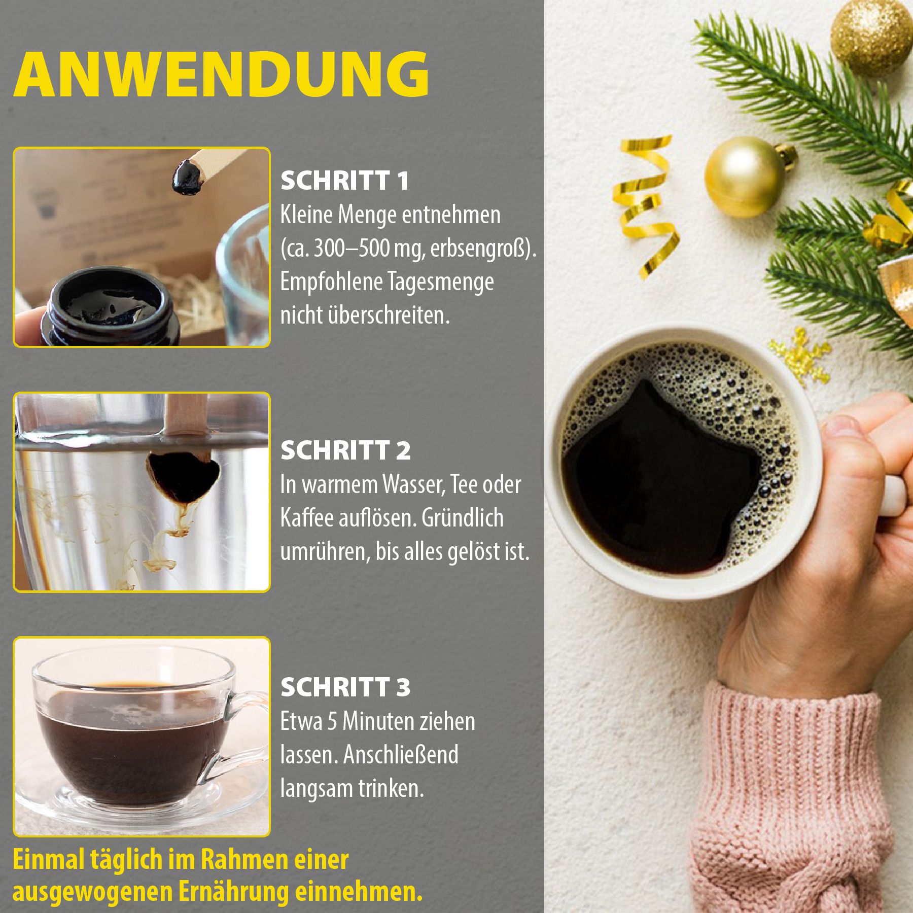 Anleitung zur Anwendung. Schwarze Flüssigkeit wird in eine Tasse gegossen. Text: Anwendung. acentialabs.