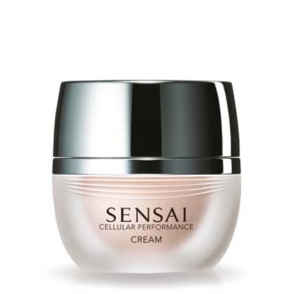 Creme-Tiegel mit silbernem Deckel. Aufschrift: SENSAI CELLULAR PERFORMANCE CREAM. Behälter aus mattiertem Glas.