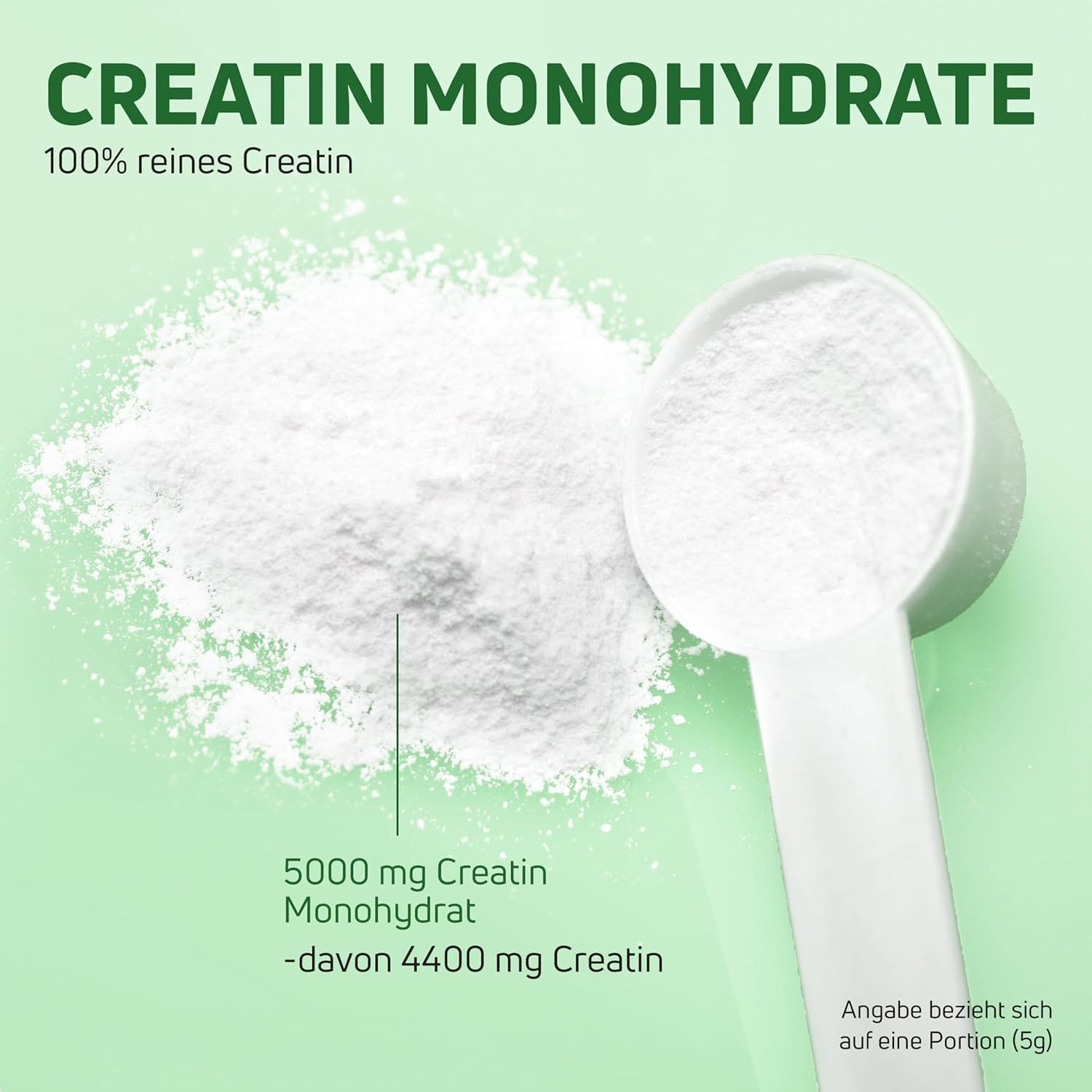 Weißes Pulver auf grünem Hintergrund. Aufschrift: 5000 mg Creatin Monohydrat. Löffel mit Pulver. Text: 100% reines Kreatin.