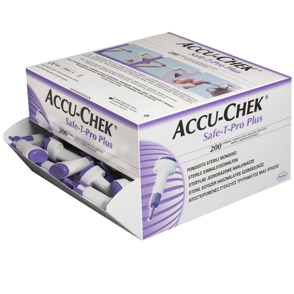 Packung ACCU-CHEK Safe-T-Pro Plus Lanzetten. Geöffnete Schachtel mit Lanzetten. 200 Stück. Violett-weißes Design.