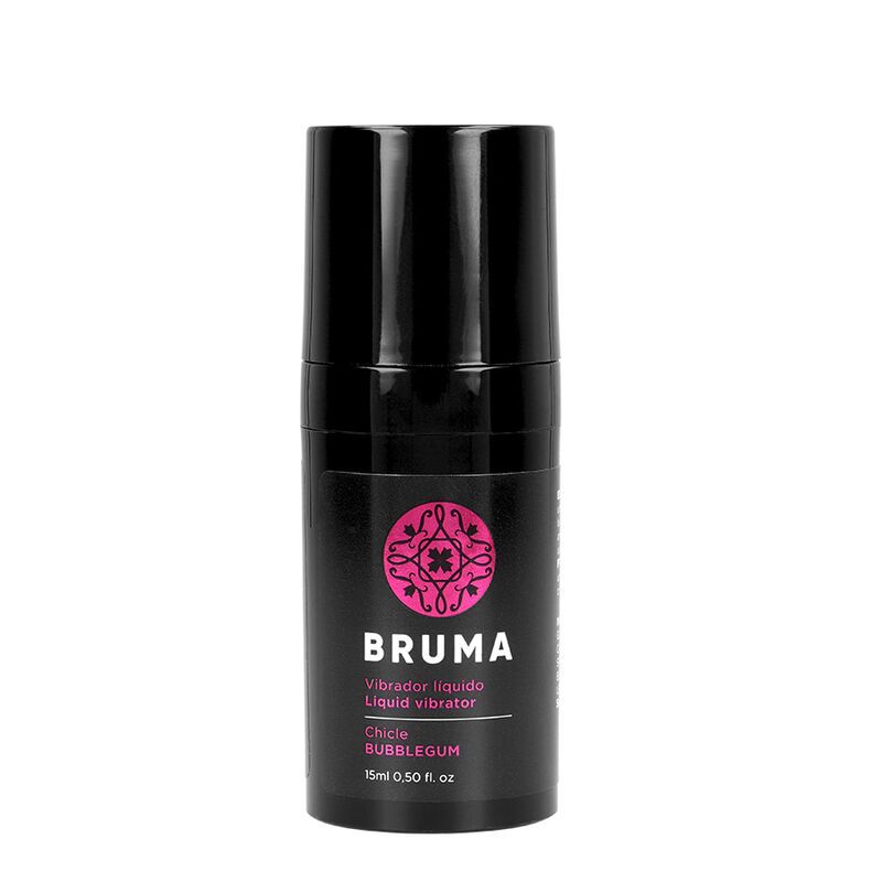 Schwarzer Behälter mit Etikett. Zeigt 'BRUMA Liquid Vibrator' und 'Bubblegum' an. Enthält 15ml.