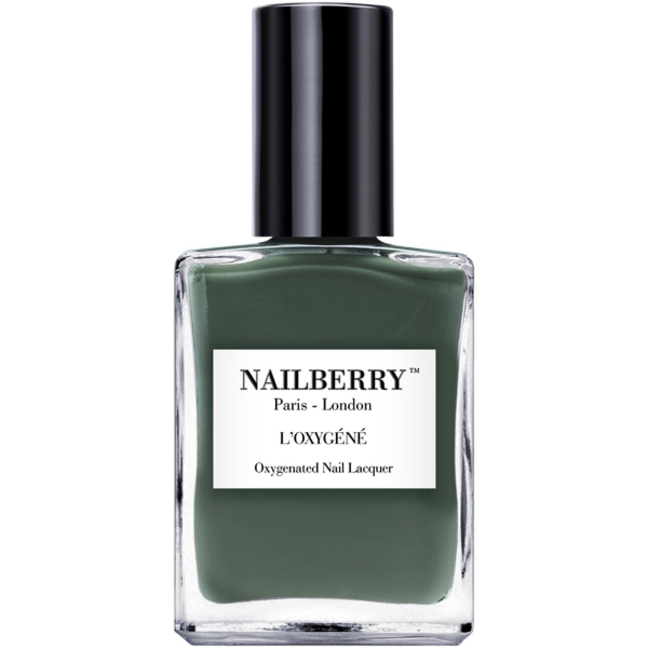 Grüner Nagellackflakon mit schwarzem Deckel. Auf dem Etikett steht NAILBERRY, L'OXYGÉNÉ und Oxygenated Nail Lacquer.