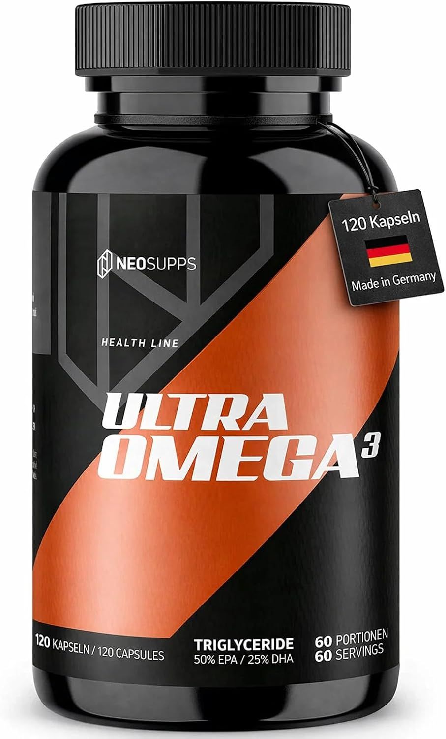 Schwarze Flasche mit orangefarbenem Etikett. Text: Ultra Omega 3. 120 Kapseln. Anhänger: Made in Germany.