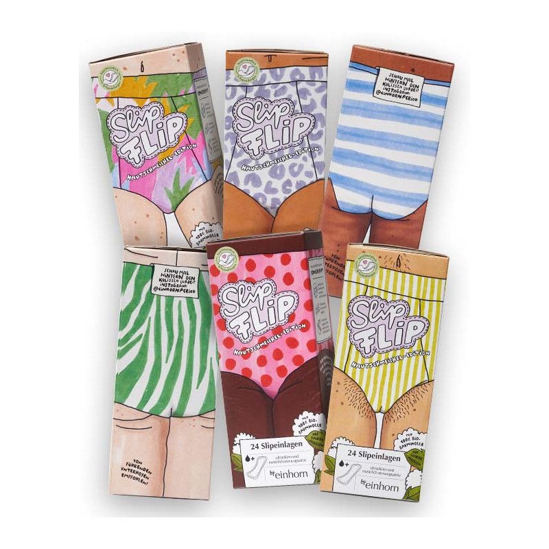 Sechs Schachteln SlipFlip Slipeinlagen. Jede Schachtel zeigt eine Illustration von Unterwäsche mit unterschiedlichen Mustern und Farben. Auf jeder Schachtel steht "SlipFlip".