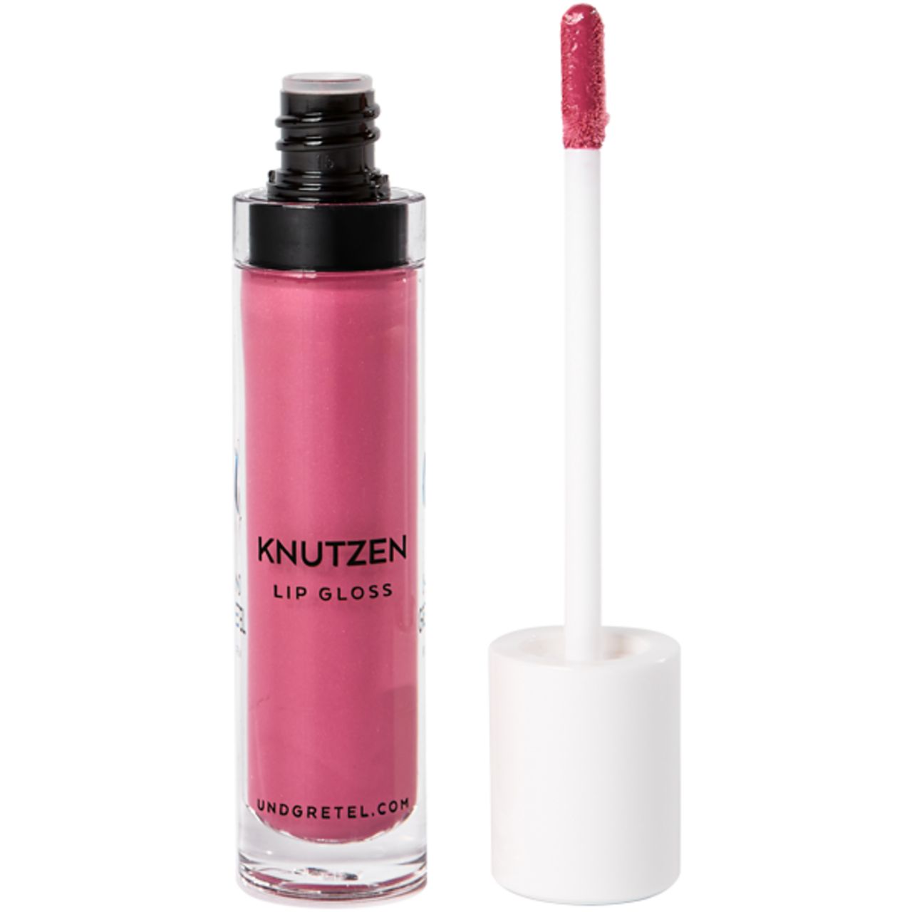 Pinkfarbener Lipgloss in transparenter Flasche. Applikator mit rosa Spitze. Schriftzug: KNUTZEN LIP GLOSS. Unterseite: undgretel.com.