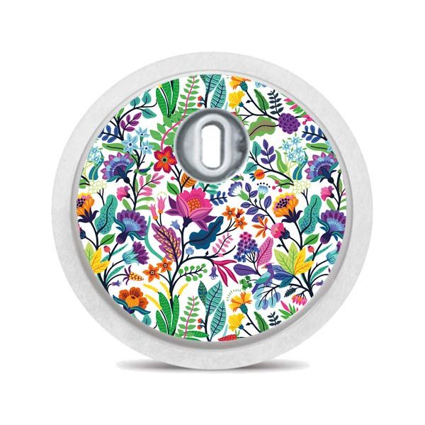 Runder Aufkleber mit Blumenmuster. Bunte Blumen auf weißem Hintergrund.