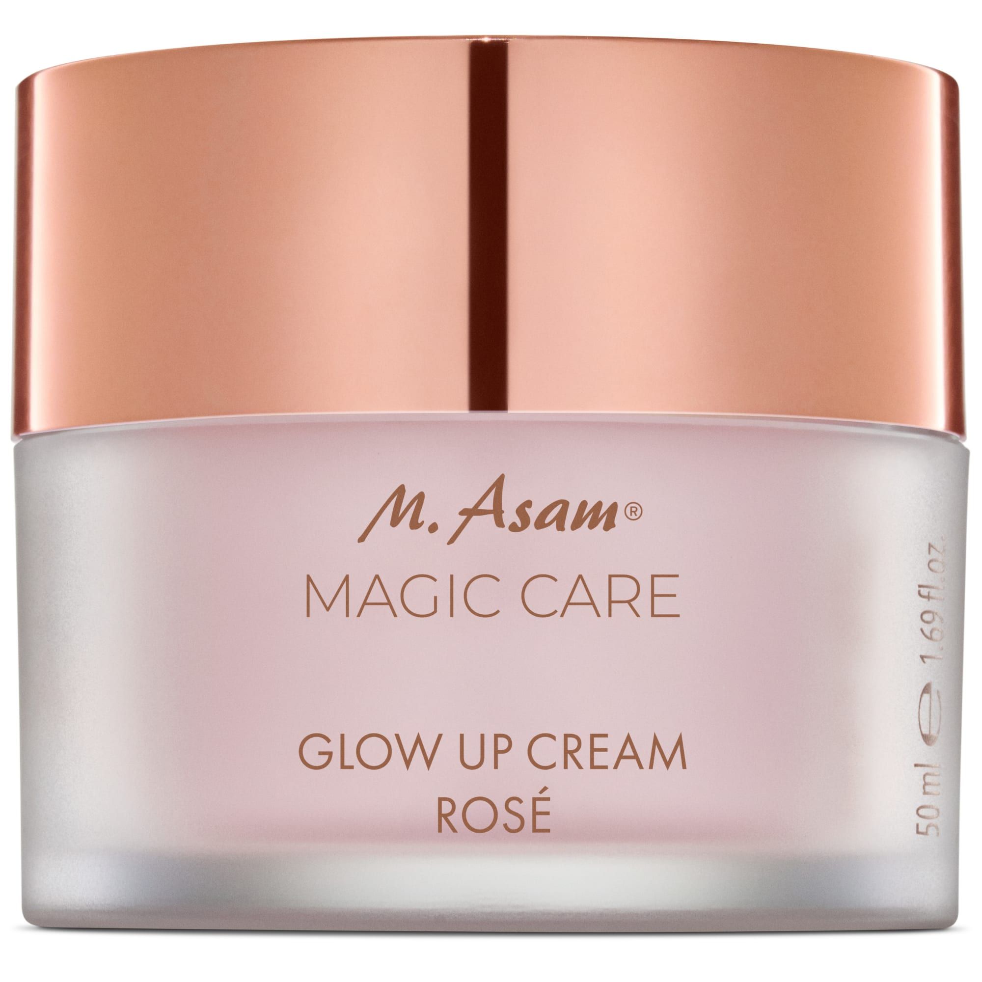 M. Asam MAGIC CARE Glow Up Cream Rosé Gesichtscreme in einem matten Glasbehälter mit roséfarbenem Deckel.