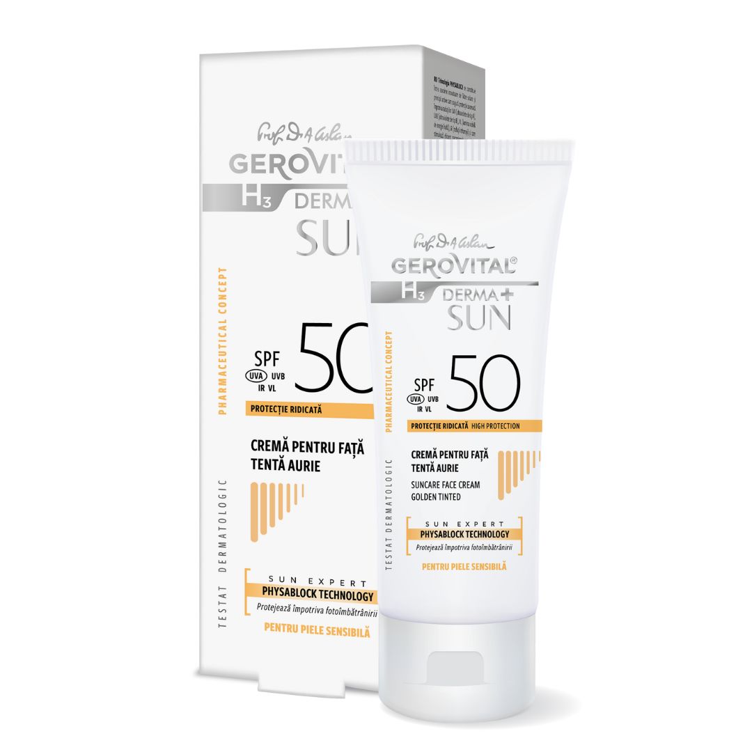 Sonnencreme-Tube und Karton. Aufschrift: Gerovital H3 Derma+ Sun, SPF 50. Creme für Gesicht, getönt.