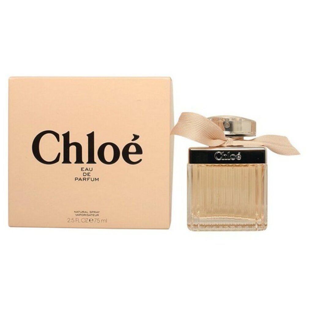 Chloé Eau de Parfum Flakon und Verpackung. Beige Box mit schwarzem Schriftzug Chloé. Flakon mit Schleife.
