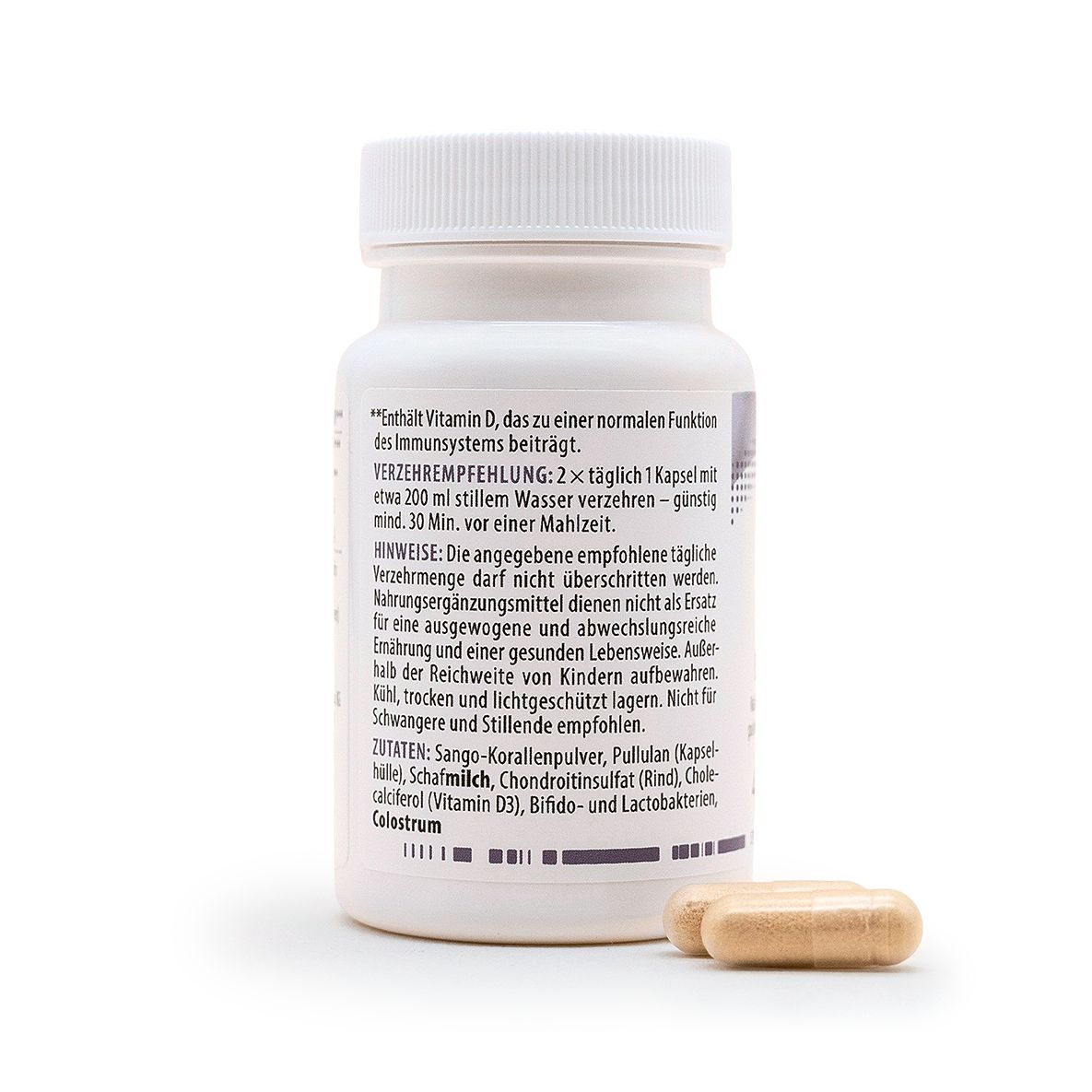 Rückseite eines MITOcare BIC Immune Kapselbehälters mit Anwendungshinweisen und Inhaltsstoffen.