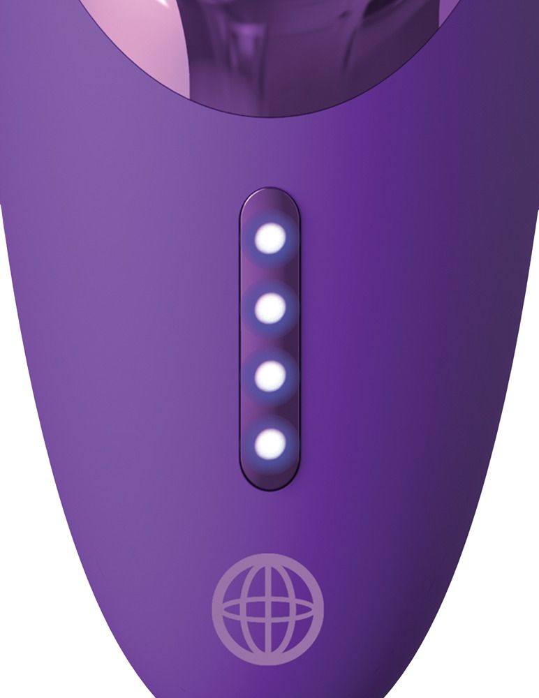 Nahaufnahme der Ladeanzeige. Vier leuchtende Punkte. Globus-Symbol am unteren Ende des lila Geräts.