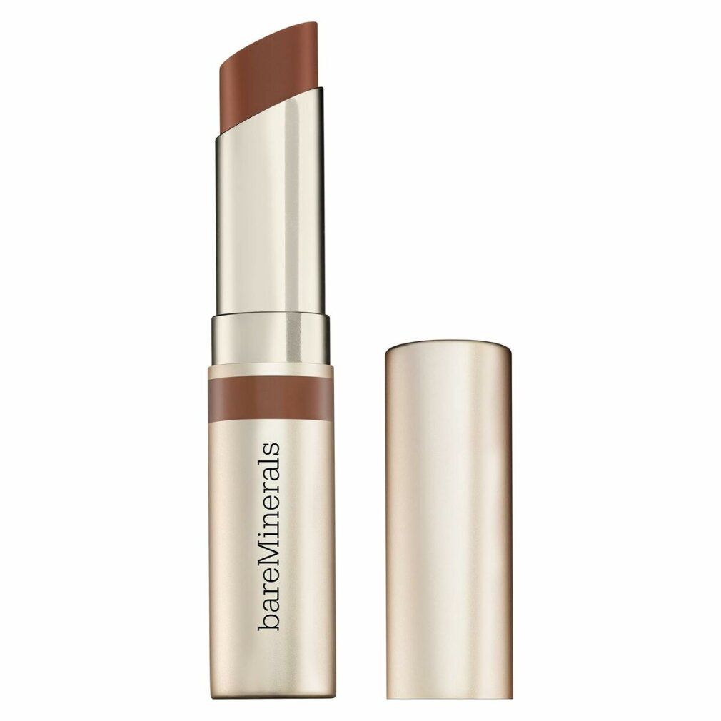 Lippenbalsam in goldfarbener Hülse, mit geöffnetem Deckel. Sichtbare Lippenstiftspitze in Braun. Marke: bareMinerals.