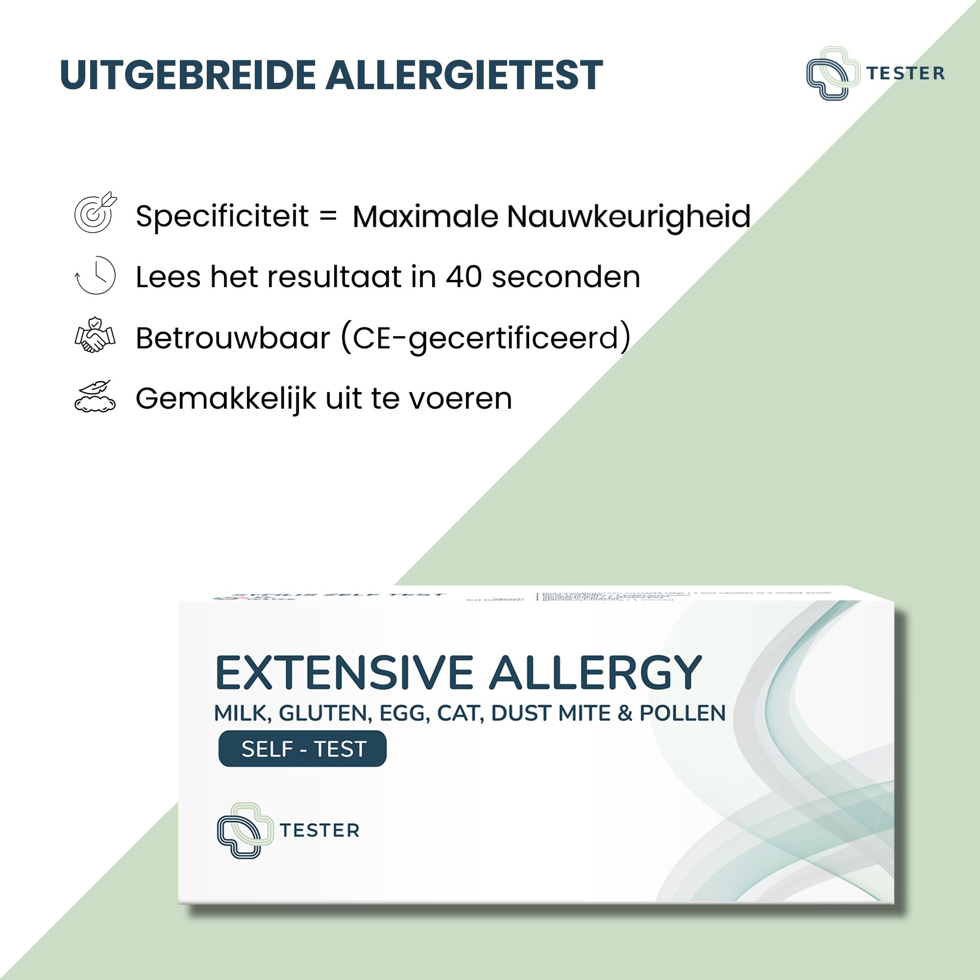 Produktverpackung mit Text: 'UITGEBREIDE ALLERGIETEST'. Enthält Informationen über Spezifität, Ergebnis in 40 Sekunden, Zuverlässigkeit, einfache Durchführung.