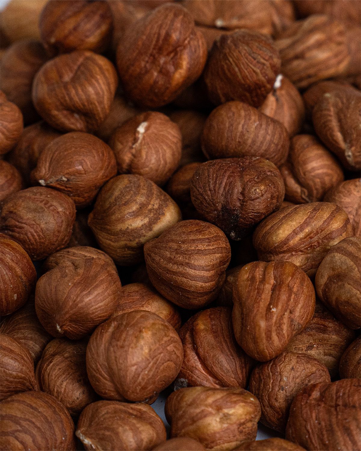 Nahaufnahme von geschälten Haselnüssen. Gebräunte Farbe, ovale Form, leicht geriffelte Oberfläche.