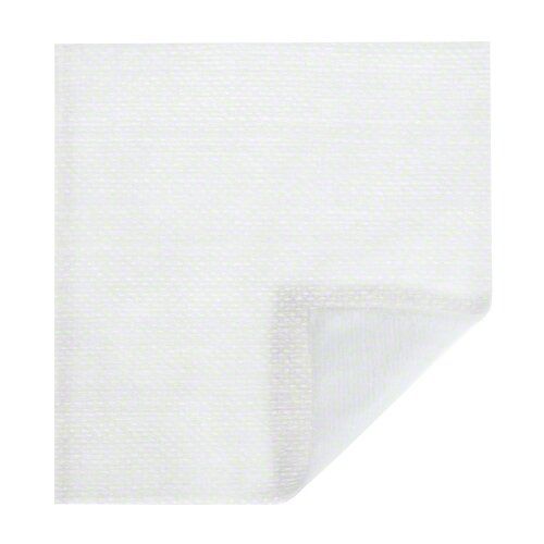 Weiße, sterile Kompresse mit gefaltetem Eck. Gewebte Struktur. Quadratische Form.