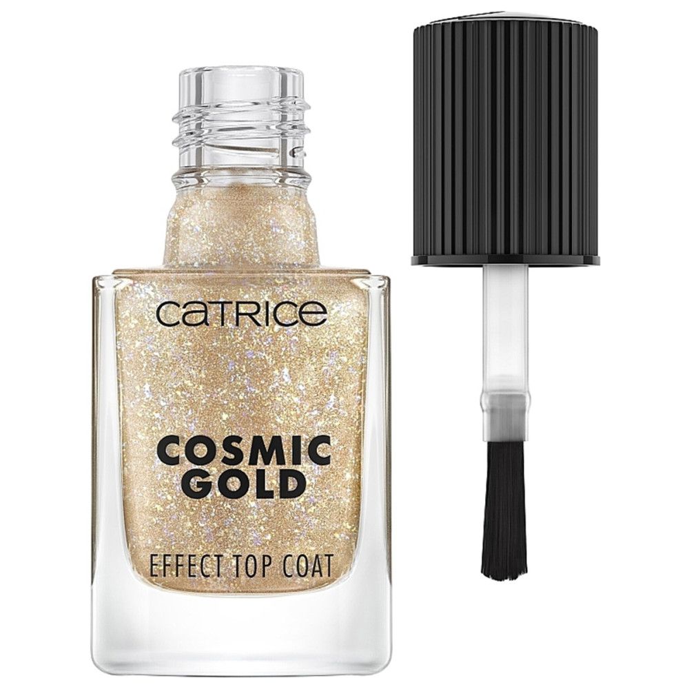 Nagellackflasche mit Pinsel und schwarzem Deckel. Aufschrift: Catrice, Cosmic Gold, Effect Top Coat. Goldfarbener Inhalt.