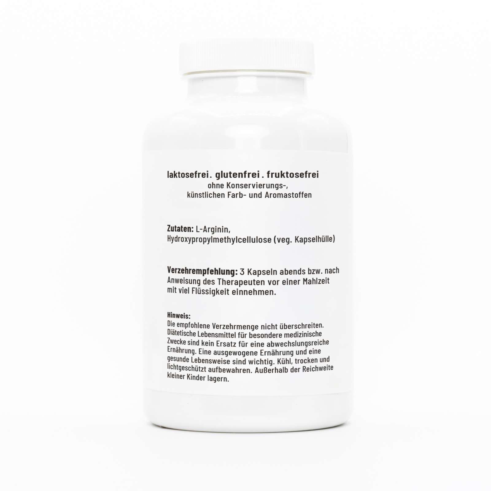 Rückseite der weißen Flasche. Laktosefrei, glutenfrei, fruktosefrei. Zutaten: L-Arginin. Verzehrempfehlung: 3 Kapseln abends.