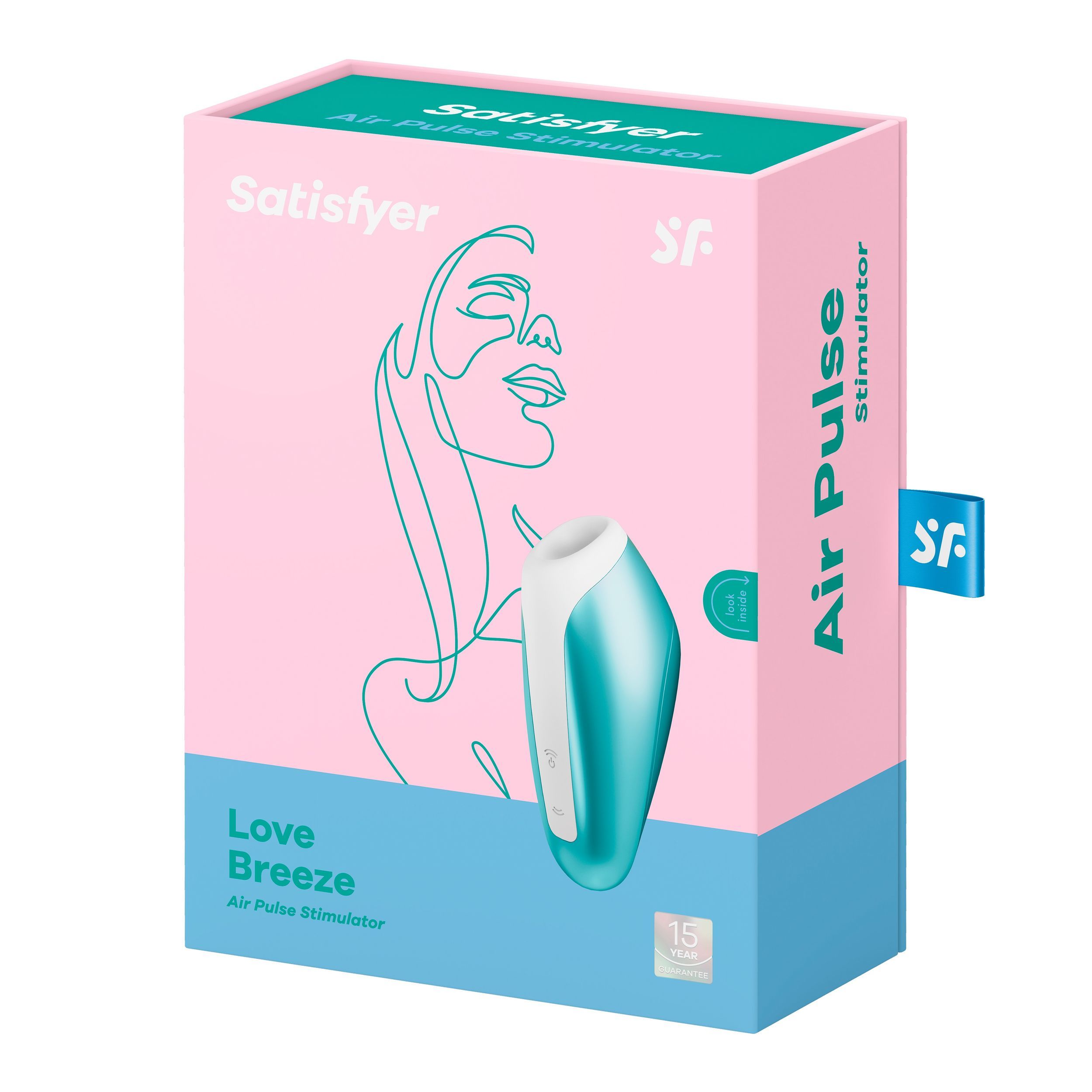 Verpakking van Satisfyer Love Breeze. Roze-blauwe doos met productafbeelding en tekst. 15 jaar jubileum.