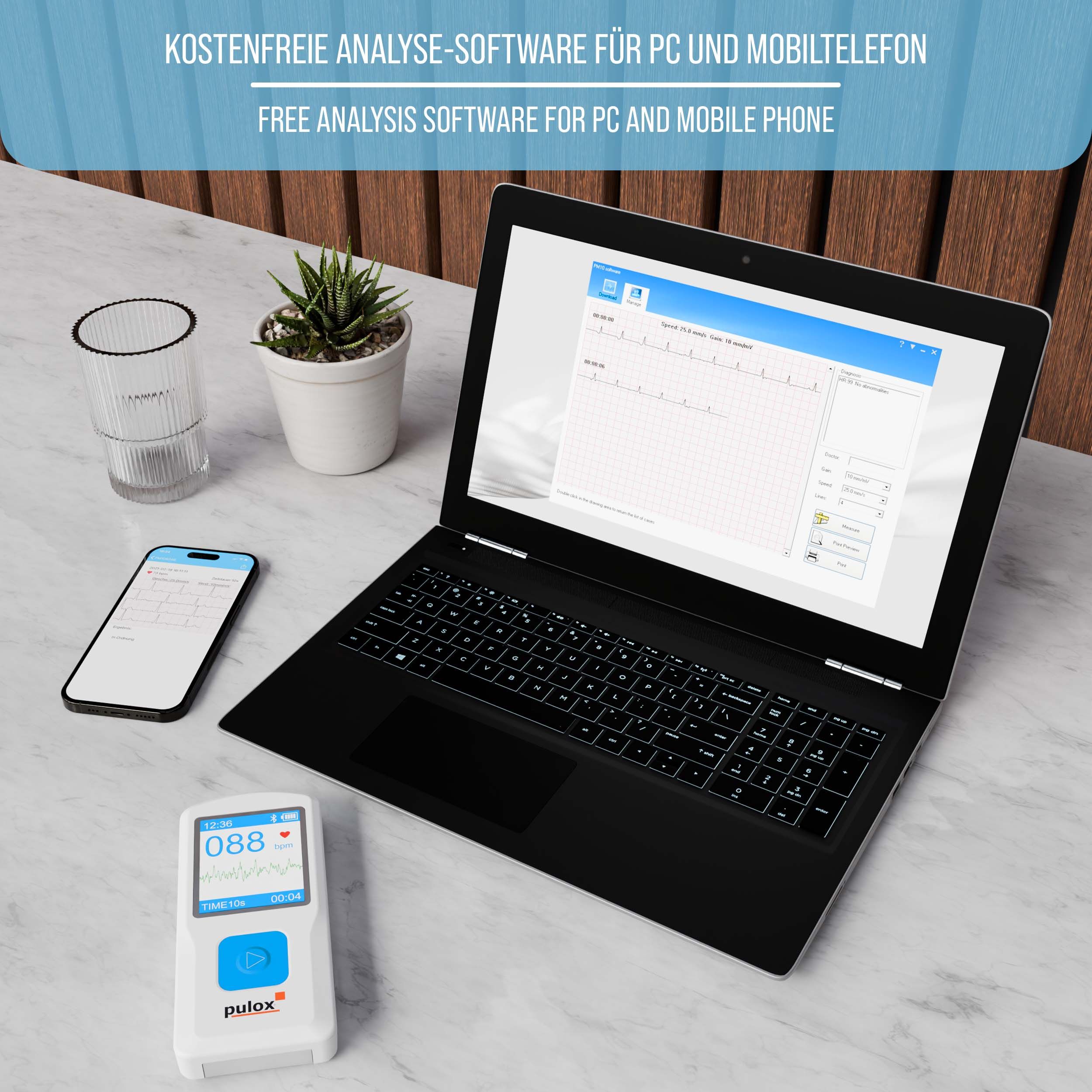 EKG-Gerät mit Display, Herzfrequenzanzeige. Laptop und Smartphone mit EKG-Analyse-Software. Kostenlose Analyse-Software für PC und Mobiltelefon.