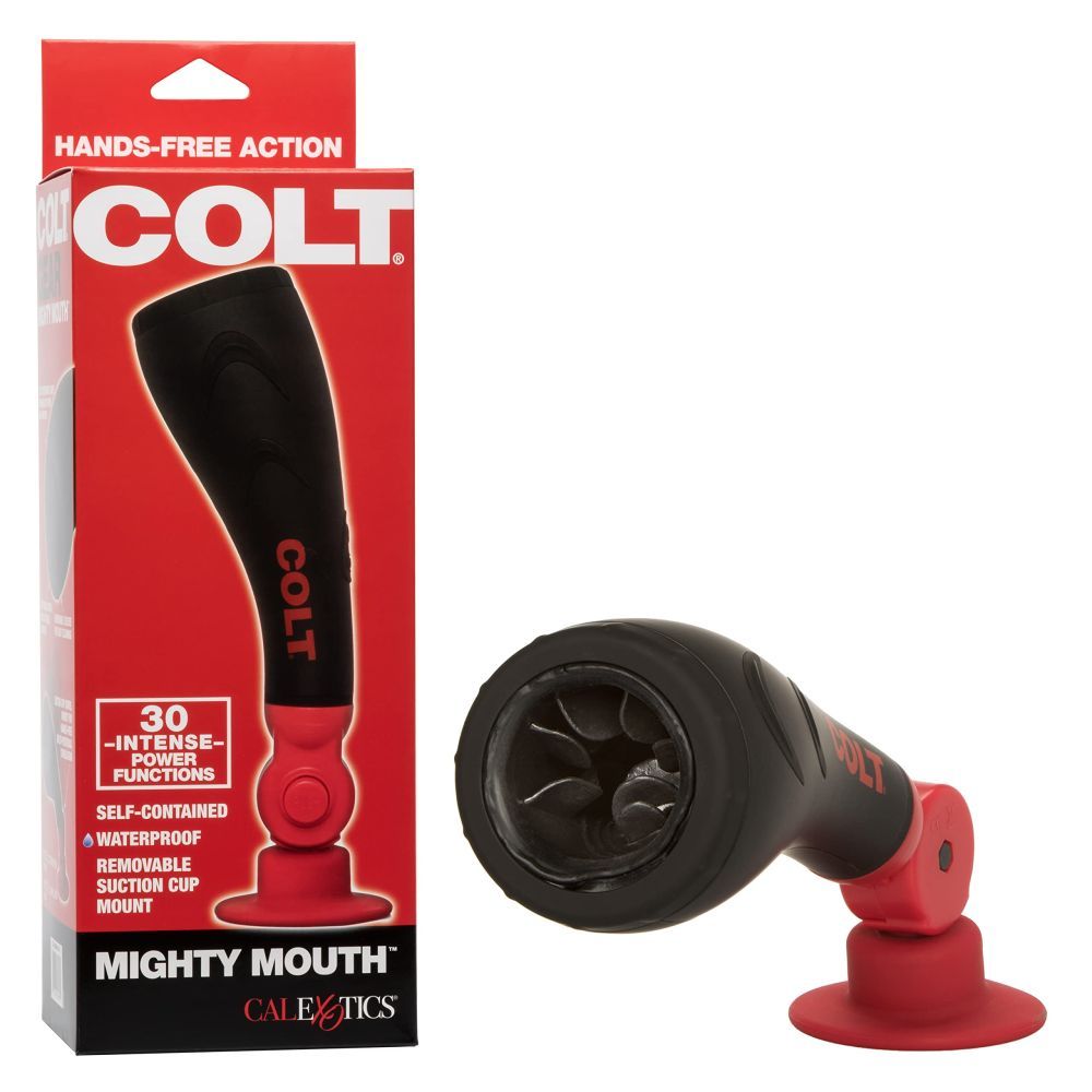 Masturbationsgerät mit Verpackung. Rotes Gehäuse, schwarzes Gerät. "COLT" und "MIGHTY MOUTH" Schriftzug.