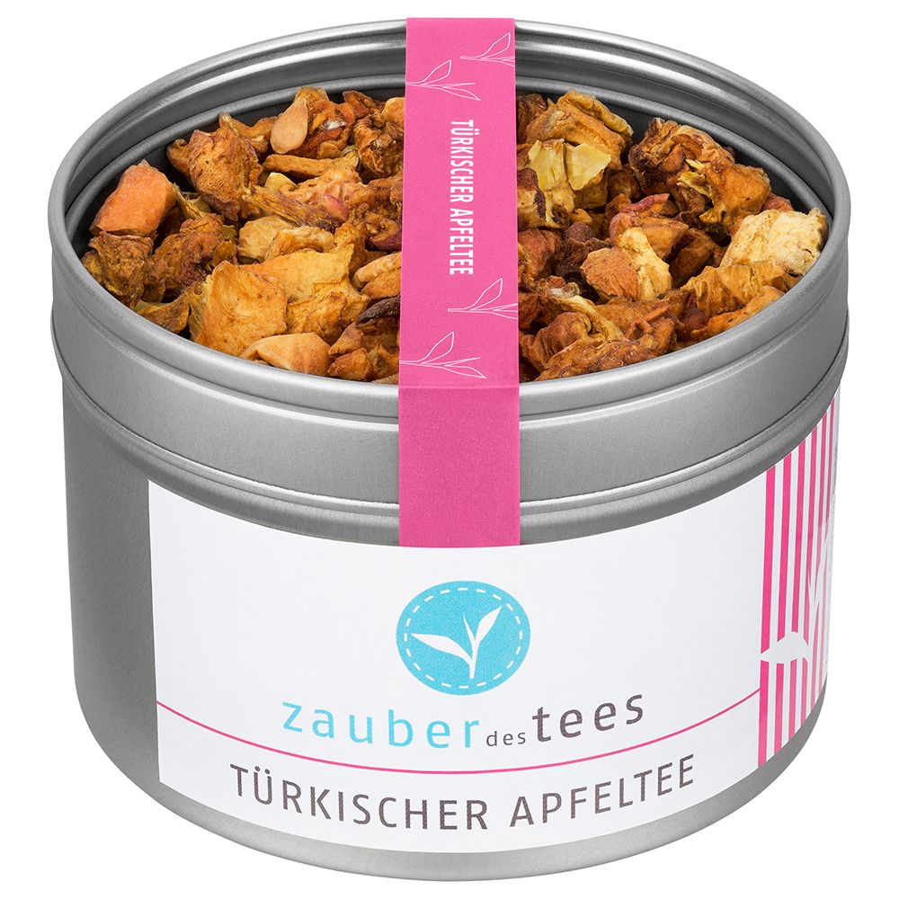 Metallbehälter mit türkischem Apfeltee. Rosa Etikett mit Produktnamen und Logo. Aufschrift: Zauber des Tees Türkischer Apfeltee.