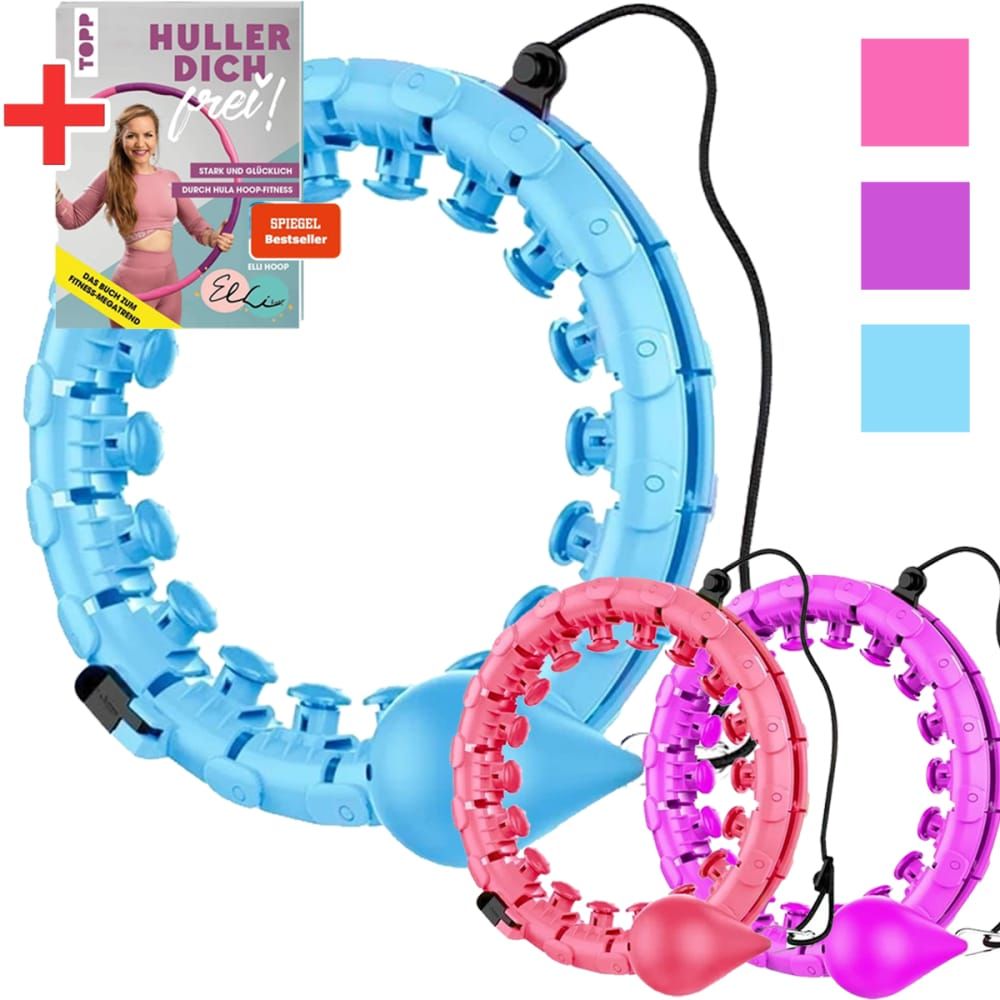Blauer Hula-Hoop mit Buch. Der Reifen hat Noppen und ein Gewicht. Buch mit Titel "Huller dich frei!".