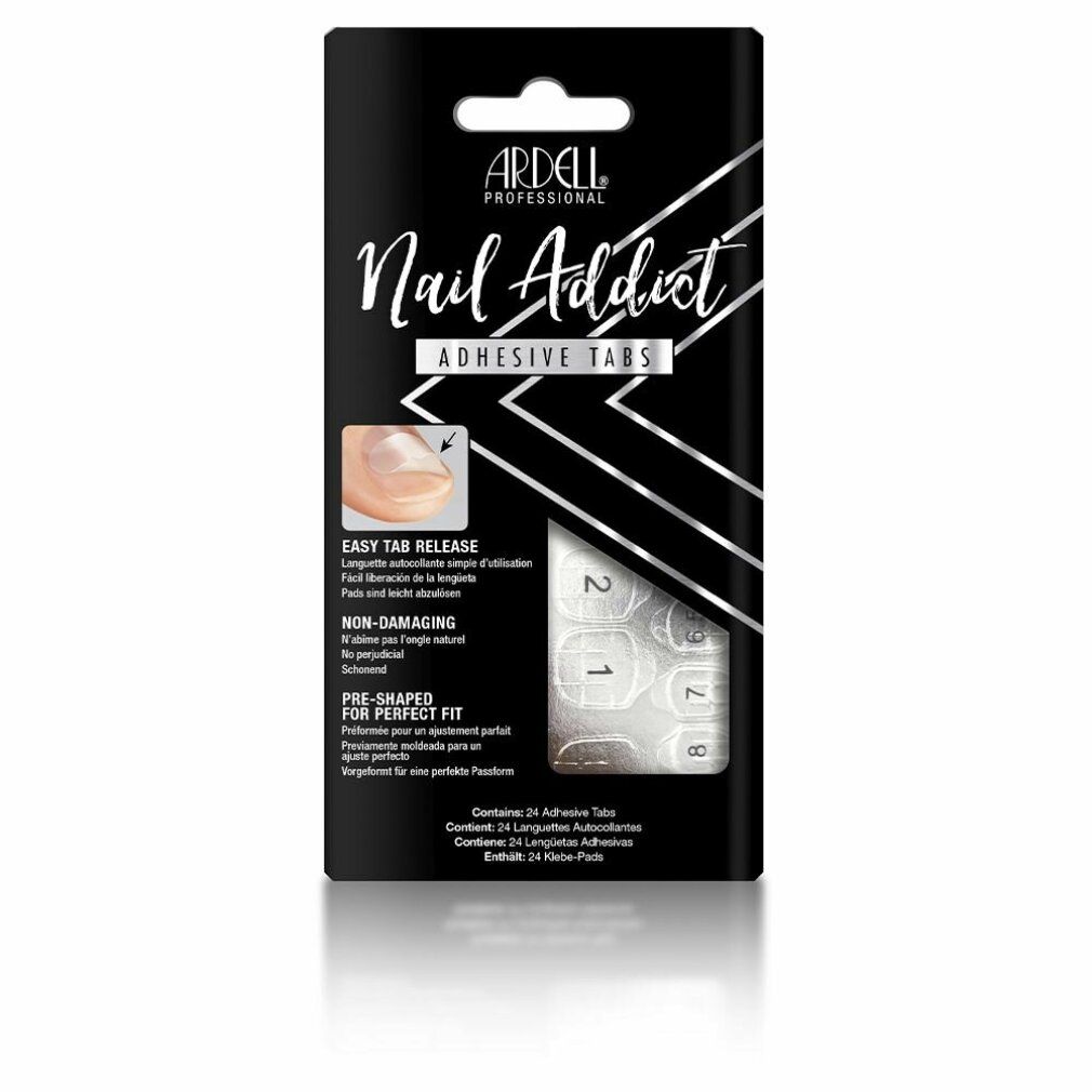 Ardell Nail Addict Adhesive Tabs. Schwarze Verpackung mit Produktabbildung und Text. Enthält 24 Klebetabs.