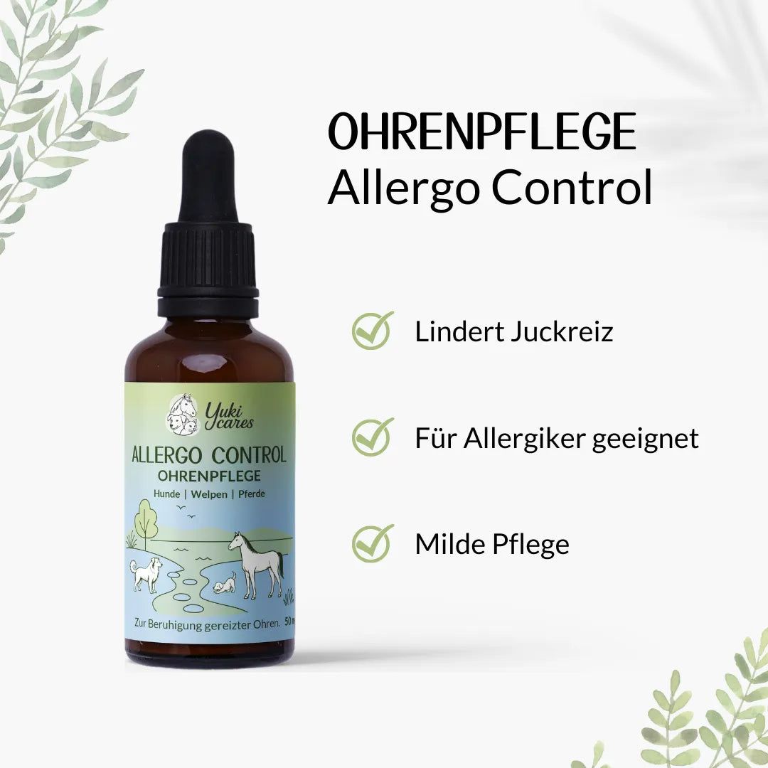 Braune Glasflasche mit Tropfer. Etikett mit Produktname. Drei grüne Häkchen mit Text. Weißer Hintergrund.