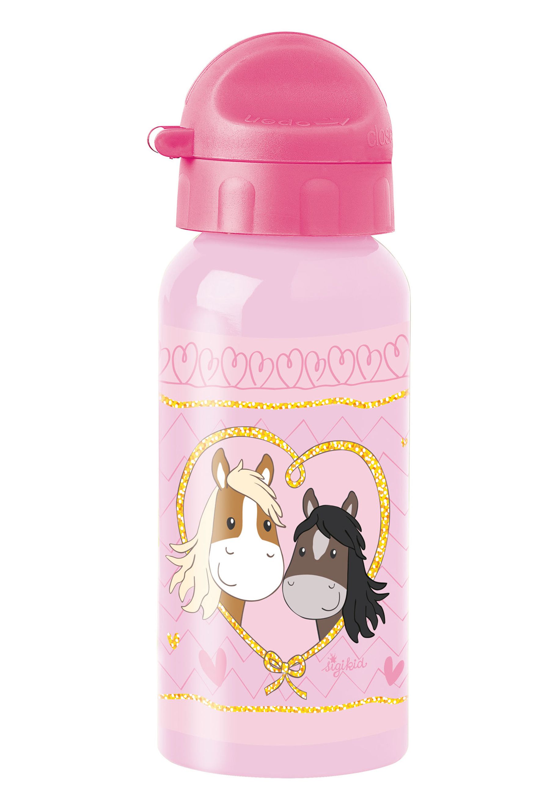 Rosa Trinkflasche mit Pferde-Motiv. Rosa Deckel. Goldfarbene Herz-Umrandung mit zwei Pferden. Marke: sigikid.