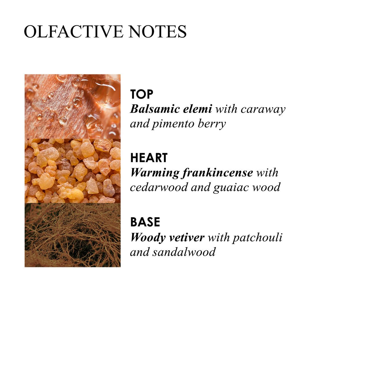 Text mit olfaktorischen Noten. Oben: Balsam-Elemi, Kümmel und Pimentbeere. Mitte: Weihrauch, Zedernholz und Guajakholz. Unten: Vetiver, Patschuli und Sandelholz.